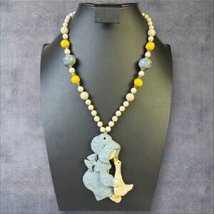 267. Vintage Beaded Necklace‎ w/ Painted Mother Goose Pendant Ceramic Stone